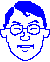 Pixelated blue-and-gray avatar with glasses showing three sequential facial expressions: closed eyes, one eye open, and both eyes open.