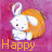 Animated Easter-themed contact sheet of a white bunny with orange ears holding an orange egg against a pink background, showing text and heart variations across nine frames.