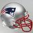 Silver football helmet with blue and white logo on side, red face mask, green pixelated text reading 'PATRIOTS ARE GOIN ALL THE WAY WITH RANDY MOSS' on black background.