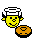 Yellow cartoon character with chef hat and horns holding various food items in a of nine pixelated frames