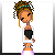 Pixelated character with brown and orange hair styled in a high bun, wearing white crop top over black garment, purple earrings, and pink pants.