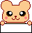 Pixelated cartoon hamster holds a sign with 'NEW' text in pink on some frames, static on others, against white background.