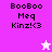 Pixelated text 'BooBoo Meg Kinz!<3' appears on a split background with purple and white sections, accompanied by a small star icon.