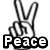 Black-and-white pixelated icon shows a hand making peace sign above bold text reading "Peace" on white background.