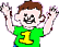 Animated sequence of a cartoon boy in green shirt with yellow '1' waving, showing progressive cropping from full body to partial head and hands against gray background.