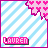 Pixelated icon with pink 'LAUREN' text on blue-and-white striped background, featuring a dripping pink heart pattern in the top-left corner.