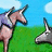Pixelated cartoon unicorn with a single horn, purple saddle, and blue sky background; text overlays change across frames.