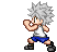 Pixel art character with spiky white hair in six poses: two fists raised, one side step, two kicking motions, and one neutral stance.