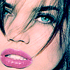 Close-up of a person's face with blue eyes, pink lips, and dark hair strands across the forehead, rendered in pixelated style.
