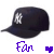 Animated sequence of a dark baseball cap with white NY logo, purple 'Fan' text below, and small heart icon; the cap shifts slightly left to right across frames.