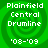Four identical green spiral-patterned icons with white text reading 'Plainfield Central Drumline' and '08-'09', arranged in a