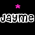 Pixelated text 'Jayme' on split black and pink background with small stars above and below.