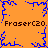 Pixelated orange background with blue branching patterns and repeated brown text "FraserC20" in four corners.