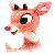 Pixelated reindeer with pinkish-orange fur, dark brown antlers, and large black eyes; left side shows open mouth, right side shows red nose.