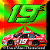 Green '19' text above red race car with white '19' on side, set against radiating green and orange background.