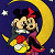 A pixelated cartoon image of Mickey and Minnie Mouse embracing on a crescent moon against a starry night sky, with green text reading "Original Icons .com" on the right side.