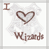 nine character portraits from Harry Potter films with a 'I ❤️ Wizards' graphic in top-left corner