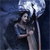 A pixelated figure in a dark dress holds a microphone under a bright spotlight against a dark background.