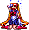 Pixel art of a character with long orange pigtails, blue and red outfit, kneeling with hand to forehead, blue stars above head on left frame, no stars on right frame.