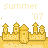 Animated contact sheet of 19 frames showing a pixelated yellow castle with 'summer' and '07' text above each frame, arranged in a 5x4 grid on a white background with gray transparency indicator.