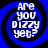 Blue circular icon with white text 'Are you pizzy yet?' in a swirling pattern, black background.