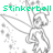 Green pixelated text 'stinkerbell' above a grayscale pixelated figure with outstretched arm and scattered dots on white background.