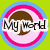 Pixelated icon with green background, pink and blue concentric circles around a brown shape, displaying text "My World" in black letters.