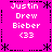A bright pink pixelated image with four identical text blocks arranged in a , each containing "Justin Drew Bieber <33" in white pixelated text with decorative black border elements