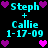 Pixelated cyan text displays 'Steph + Callie 1-17-09' with purple and pink heart icons on a black background, arranged in a pattern
