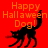 Pixelated black dog on red background with orange text "Happy Halloween Dog!" in three views showing tail and mouth animation.