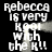 Pixelated text repeats 'Rebecca is very Kool with the K!!' in white on black background, animated horizontal blur effect across center.