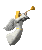 Pixelated angel figure in white robe with gold accents, gray wings, and golden trumpet, shown across six sequential poses against light gray background.