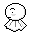 Pixel art character with round white head and gray dress, showing multiple facial expressions across three on gray background