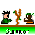 Pixel art animation of cartoon characters on a gray background with green and brown horizontal bands, showing sequential text bubbles.