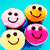 Four pixelated smiley faces in pink, yellow, orange, and light pink on a blue background, with purple text reading "Brighten the world with your" and "Smile!" on green sections.