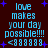 Pixelated blue text on dark red background with purple stars, displaying 'love makes your day possible!!!' and '<3<3<3<3' in four identical quadrants.