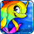 Rainbow-colored cartoon pony with blue body and pink hooves floats against a blue background, text appears sequentially below it.