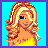 Pixel art contact sheet showing five frames of an animated buddy icon featuring a blonde cartoon woman in yellow clothing with visible text and brand elements.