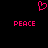 Pixelated pink heart symbol above two instances of the word PEACE in blocky capital letters on a black background.