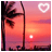Pixelated sunset scene with palm trees and a heart symbol, transitioning from white outline to dark silhouette.