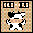 Pixelated cow icon with black-and-white patches, standing against a checkered background, displaying 'moo - moo' text above.