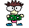 Pixelated cartoon character with brown spiky hair, white eyes, pink shirt, blue shoes holding green rectangular object with circular cutouts.