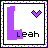 Pixel art icon with purple 'L' and name 'Leah', featuring a heart symbol that changes from purple to black between frames.