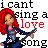 Pixelated static icon featuring a cartoon character with red hair holding a sword, overlaid with text reading "i cant sing a love song" in mixed fonts and colors.