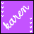 Purple background with white cursive text 'karen' and small black-and-white arrow icons on the left edge, showing animation changes in arrow positions across frames.
