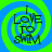 Four identical circular icons arranged in a , each with a blue and green spiral background and black text reading "I LOVE TO SWIM"