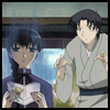 Animated sequence of two anime characters in traditional Japanese clothing interacting near a window with blue sky background.