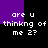 Pixelated text repeats 'are u thinkng of me 2?' across a black and purple background in four identical