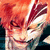 Animated sequence of a red-haired anime character with closed eyes and a slight smile, overlaid with changing blue text on a dark background.