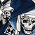 Two skeletal figures with hollow eye sockets and visible teeth stand side-by-side under a large dark blue canopy, rendered in pixelated grayscale tones.